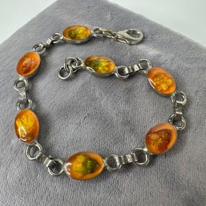 Vintage Dried Flower Resin Oval Link Bracelet Silver Tone Yellow Orange Floral